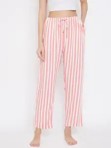 Hypernation Women Pink & White Striped Lounge Pants
