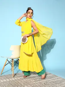 Moda Rapido Women Yellow Viscose Rayon Belted Detail Kurta