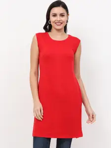 Fleximaa Women Red Solid Round Neck  Sleeveless Longline Top