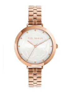 Ted Baker Women Silver-Toned Printed Dial & Rose Gold Toned Stainless Steel Bracelet Style Straps Analogue Watch