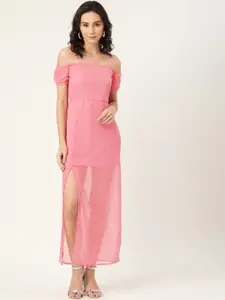 DODO & MOA Pink Off-Shoulder Georgette A-Line Maxi Dress