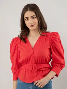 PRETTY LOVING THING Red Solid Pure Cotton Wrap Top
