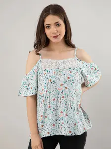 PRETTY LOVING THING White & Sea Green Floral Printed Cold Shoulder Top