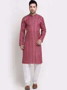 KRAFT INDIA Men Pink & White Striped Pure Cotton Kurta with Pyjama