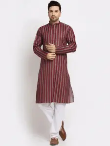 KRAFT INDIA Men Red Striped Pure Cotton Kurta with Pyjamas