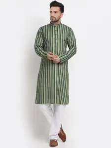 KRAFT INDIA Men Green Striped Pure Cotton Kurta with Pyjamas