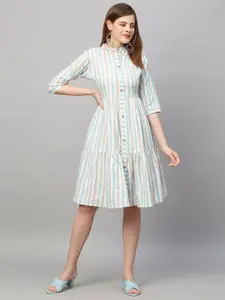 FASHOR Women Off White & Blue Striped Tiered Midi Dress
