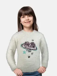 Gini and Jony Girls White & Purple Embroidered Pullover