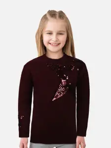 Gini and Jony Girls Maroon Embroidered Pullover