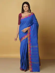 Unnati Silks Women Blue & Orange Woven Design Zari Pure Cotton Venkatgiri Saree