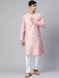 MANQ Men Pink Woven Design Chanderi Cotton Kurta with Pyjamas