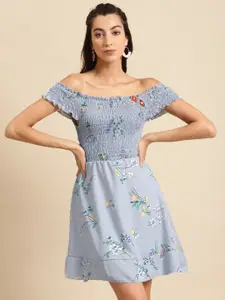 DODO & MOA Blue Floral Off-Shoulder Crepe Dress