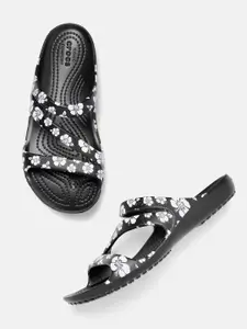 Crocs Women Black & White Floral Printed Open Toe Flats