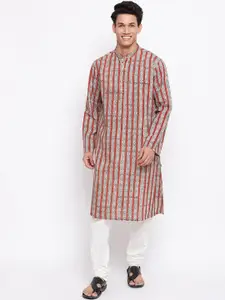 Fabindia Men Maroon & Grey Striped Cotton Kurta