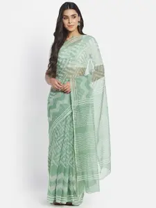Fabindia Green & White Silk Cotton Block Print Saree