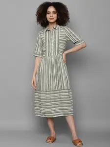 Allen Solly Woman Women Olive Green Striped Linen Shirt Midi Dress