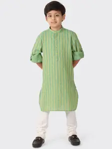 Fabindia Boys Green Striped Pathani Cotton Kurta