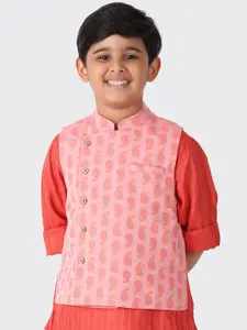 Fabindia Kids Boys Pink Printed Pure-Cotton Woven Nehru Jackets