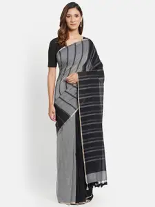 Fabindia Grey & Black Striped Pure Cotton Saree
