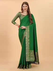 Grubstaker Green & Gold-Toned Zari Pure Silk Saree