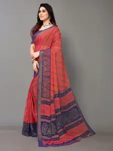 Winza Designer Winza Women Designer Red & Purple Floral Pure Chiffon Fusion Bandhani Saree