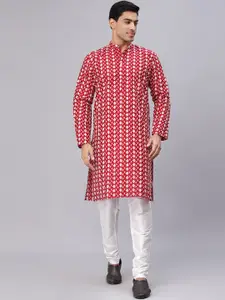 NEUDIS Men Maroon Embroidered Thread Work Dupion Silk Kurta with Pyjama