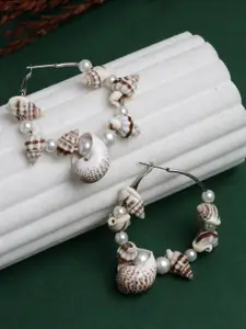 Moedbuille Silver Plated Cowri & Pearls Studded Filigree Work Oxidised Hoop Earrings