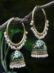 Moedbuille Gold-Plated Green Pearls Studded Handpainted Meenakari Handcrafted Jhumkas
