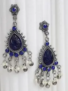 Moedbuille Silver Plated Blue Agate & Pearls Studded Oxidised Handcrafted Antique Earrings