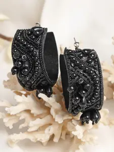 Moedbuille Silver Plated Black Beads & Pearls Contemporary Handcrafted Hoop Earrings
