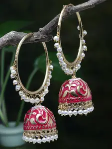 Moedbuille Gold Plated Pink Pearls Studded Handpainted Meenakari Handcrafted Jhumkas