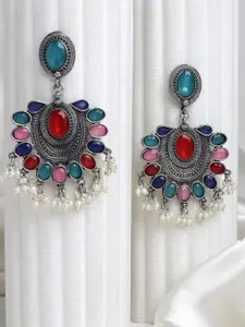 Moedbuille Silver Plated Crystals & Pearls Studded Oxidised Antique Chandbalis