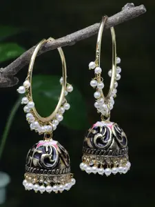Moedbuille Gold Plated Black Pearls Studded Handpainted Meenakari Handcrafted Jhumkas
