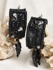 Moedbuille Silver Plated Black Beads Pearls & Crystals Studded Contemporary Hoop Earrings