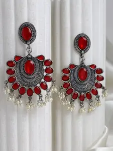Moedbuille Silver Plated Red Crystals & Pearls Studded Oxidised Antique Chandbalis