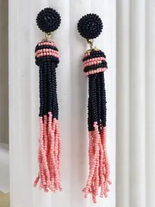 Moedbuille Gold Plated Pink & Black Beads Contemporary Tasselled Handcrafted Earrings