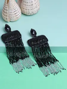Moedbuille Silver-Plated Handwoven Black Glass Beads Studded Tasselled Earrings