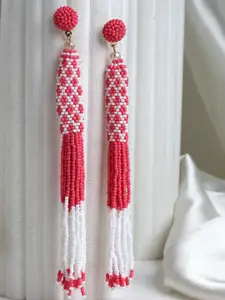 Moedbuille Gold-Plated Pink & Off White Beads Contemporary Tasselled Handcrafted Earrings