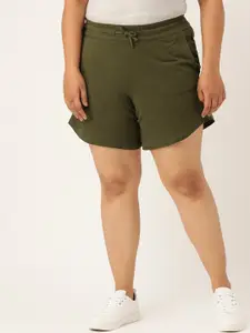 theRebelinme Plus Size Women Olive Green Solid High-Rise Shorts