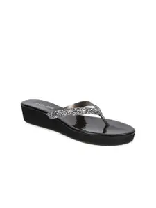 SOLES Gunmetal-Toned Textured Wedge Sandals