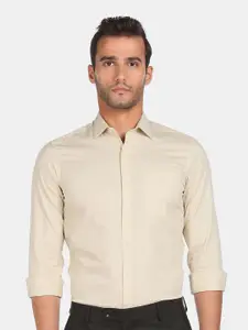 Arrow Men Beige Self Design Slim Fit Pure Cotton Formal Shirt