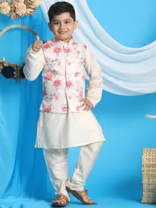 Vastramay Boys' Viscose Solid Kurta Pyjama With Printed Nehru Jacket