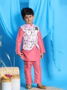 Vastramay Boys' Silk Blend Solid Kurta Pyjama With Printed Nehru Jacket