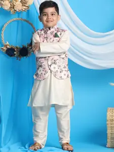 Vastramay Boys' Viscose Solid Kurta Pyjama With Printed Nehru Jacket