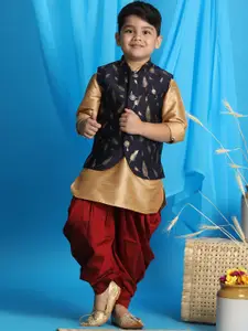 Vastramay Boys' Silk Blend Solid Dhoti Kurta With Printed Nehru Jacket