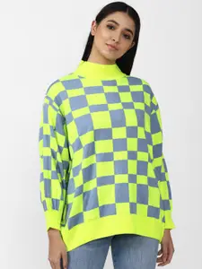 FOREVER 21 Women Fluorescent Green & Grey Checked Pullover