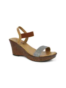 SOLES Gunmetal-Toned & Tan Textured Wedge Sandals
