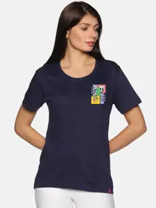 NOT YET by us Women Navy Blue Drop-Shoulder Sleeves Cotton T-shirt