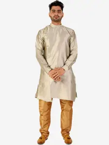 Pro-Ethic STYLE DEVELOPER Men Gold-Toned Angrakha Pure Silk Kurta with Pyjamas