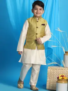 VASTRAMAY Boys Cream-Coloured Kurta with Churidar